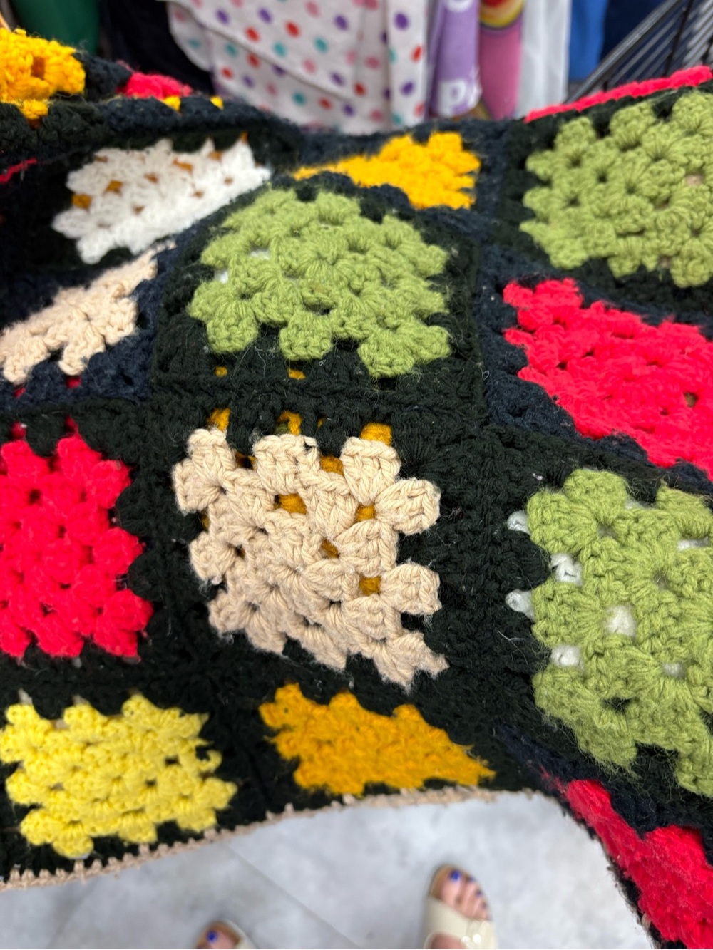 Hand-Crocheted Multicolor Granny Square Throw Blanket - Black Trim